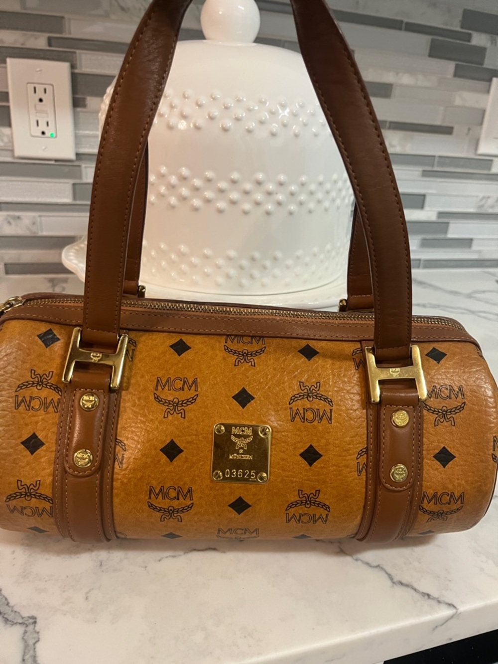 MCM Cognac Logo Visetos Mini Barrel Bag with Brown Trim